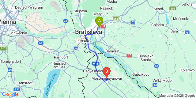 Map: Bratislava Airport (BTS) to Mosonmagyaróvár