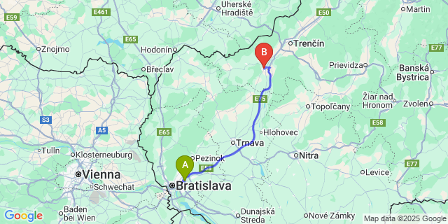 Map: Bratislava Airport (BTS) to Nové Mesto nad Váhom