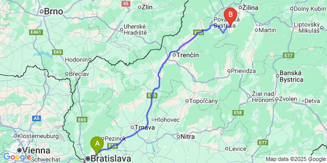 Map: Bratislava Airport (BTS) to Rajec