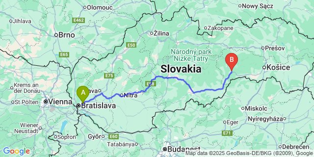 Map: Bratislava Airport (BTS) to Rožňava