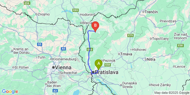 Map: Bratislava Airport (BTS) to Šaštín-Stráže