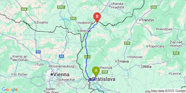 Map: Bratislava Airport (BTS) to Skalica