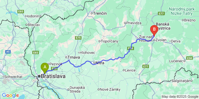 Map: Bratislava Airport (BTS) to Sliač