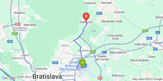 Map: Bratislava Airport (BTS) to Svätý Jur