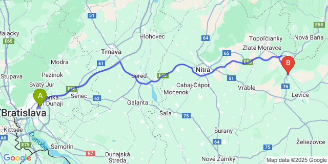 Map: Bratislava Airport (BTS) to Tlmače