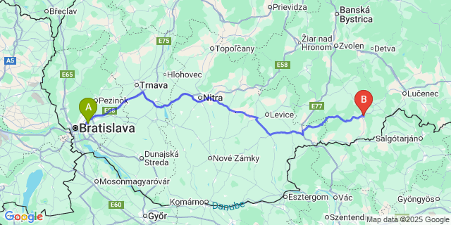 Map: Bratislava Airport (BTS) to Veľký Krtíš