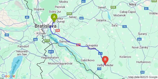 Map: Bratislava Airport (BTS) to Veľký Meder