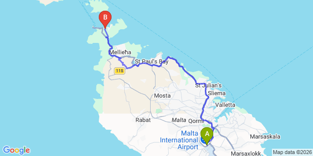 Map: Malta Airport (MLA) to Marfa (Malta)