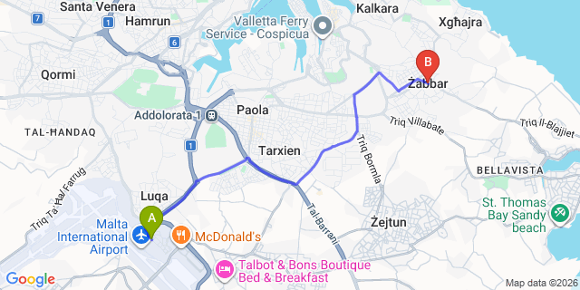 Map: Malta Airport (MLA) to Zabbar
