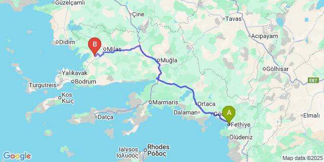 Map: Milas–Bodrum Airport (BJV) to Fethiye