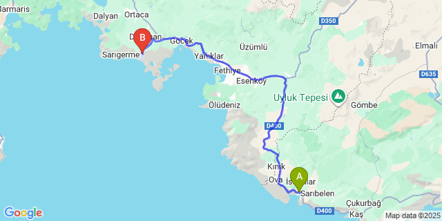 Map: Dalaman Airport (DLM) to Kalkan