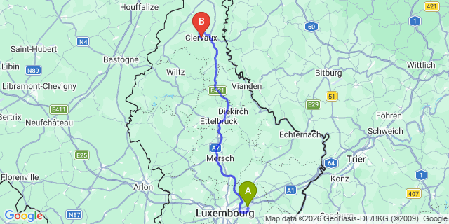 Map: Luxembourg Airport (LUX) to Clervaux