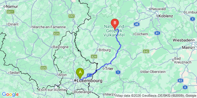 Map: Luxembourg Airport (LUX) to Daun