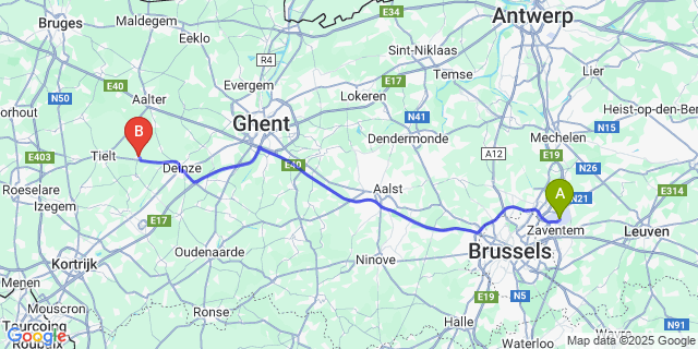 Map: Brussels Zaventem Airport (BRU) to Aarsele