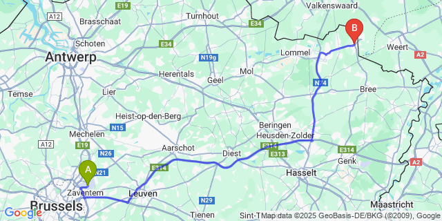 Map: Brussels Zaventem Airport (BRU) to Achel