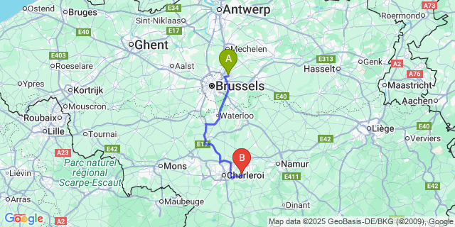 Map: Brussels Zaventem Airport (BRU) to Aiseau
