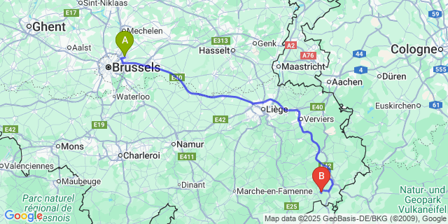 Map: Brussels Zaventem Airport (BRU) to Aldringen