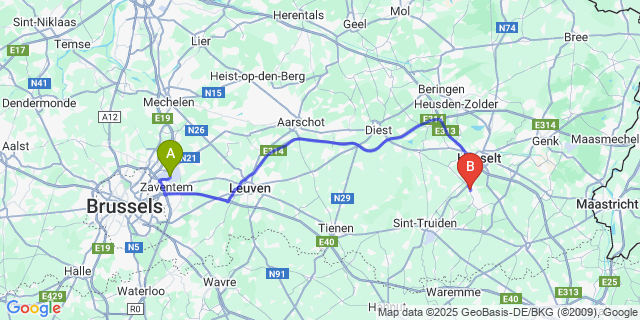 Map: Brussels Zaventem Airport (BRU) to Alken