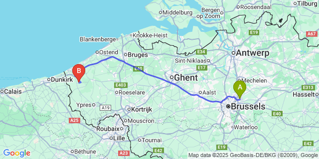 Map: Brussels Zaventem Airport (BRU) to Alveringem