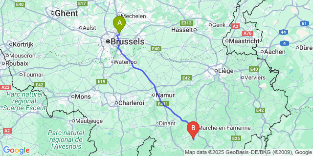 Map: Brussels Zaventem Airport (BRU) to Ambly