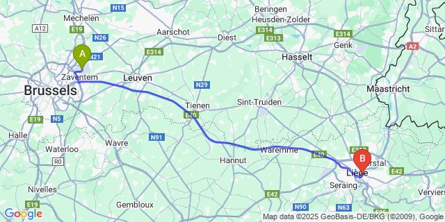 Map: Brussels Zaventem Airport (BRU) to Amercoeur