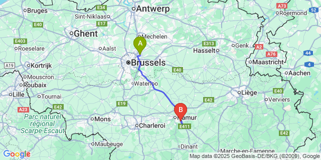 Map: Brussels Zaventem Airport (BRU) to Andoy