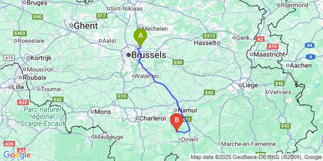 Map: Brussels Zaventem Airport (BRU) to Anhée