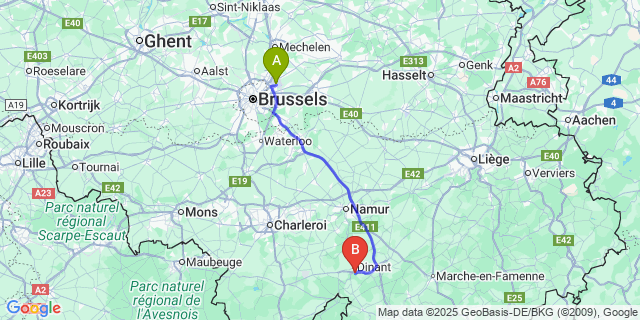 Map: Brussels Zaventem Airport (BRU) to Anseremme