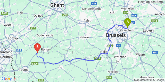 Map: Brussels Zaventem Airport (BRU) to Anseroeul