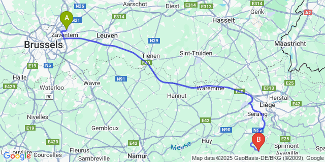 Map: Brussels Zaventem Airport (BRU) to Anthisnes