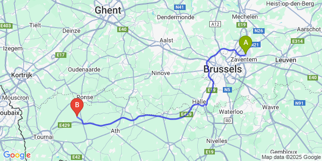 Map: Brussels Zaventem Airport (BRU) to Anvaing