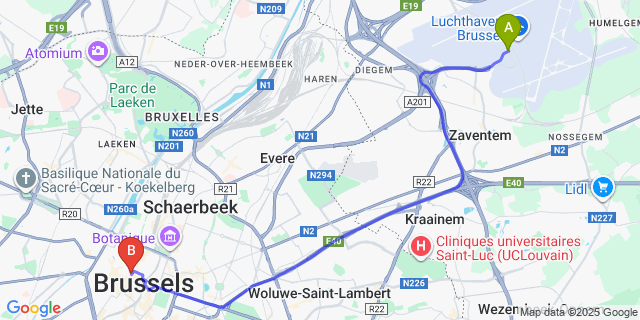 Map: Brussels Zaventem Airport (BRU) to Aparthotel Adagio Brussels Grand Place