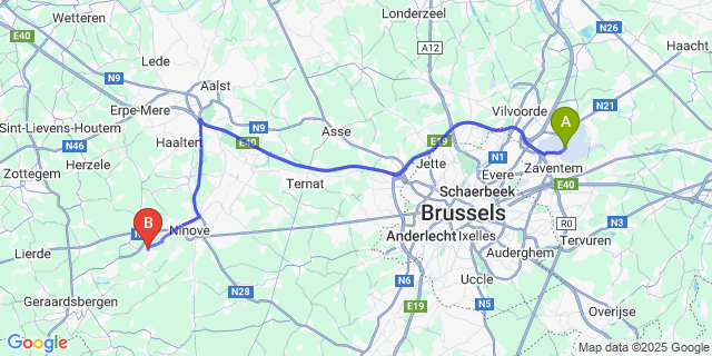 Map: Brussels Zaventem Airport (BRU) to Appelterre-Eichem