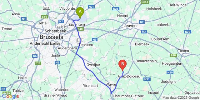 Map: Brussels Zaventem Airport (BRU) to Archennes