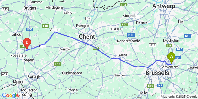 Map: Brussels Zaventem Airport (BRU) to Ardooie