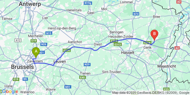 Map: Brussels Zaventem Airport (BRU) to As