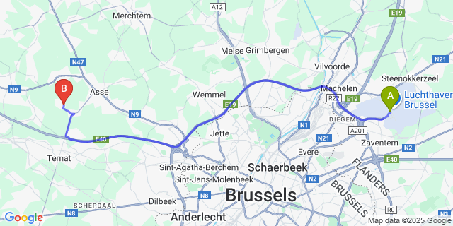 Map: Brussels Zaventem Airport (BRU) to Asbeek