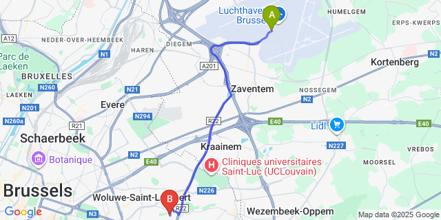 Map: Brussels Zaventem Airport (BRU) to Aspria Brussels Royal La Rasante