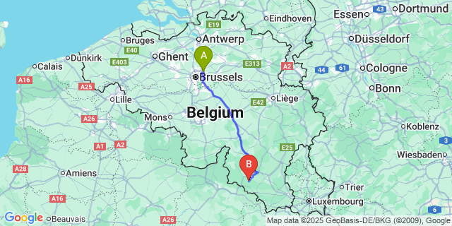 Map: Brussels Zaventem Airport (BRU) to Auby-Sur-Semois