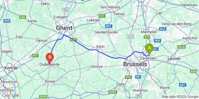 Map: Brussels Zaventem Airport (BRU) to Audenaerde
