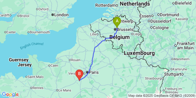 Map: Brussels Zaventem Airport (BRU) to Auneau