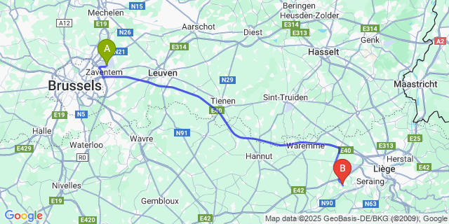Map: Brussels Zaventem Airport (BRU) to Awirs