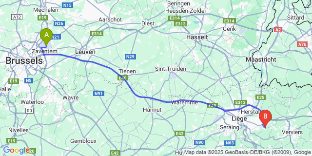 Map: Brussels Zaventem Airport (BRU) to Ayeneux
