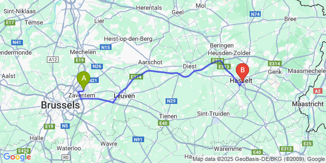 Map: Brussels Zaventem Airport (BRU) to Azette