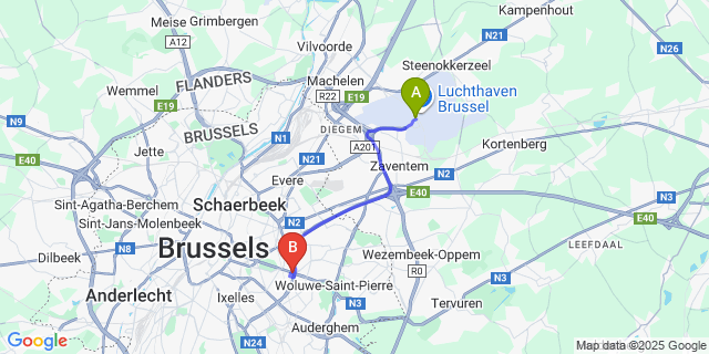 Map: Brussels Zaventem Airport (BRU) to B-aparthotel Montgomery Brussels