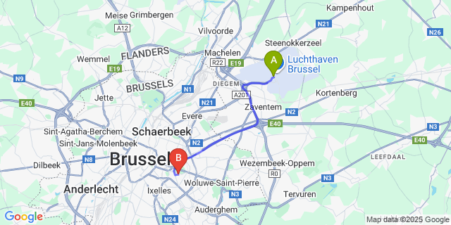 Map: Brussels Zaventem Airport (BRU) to B&B A Cote du Cinquantenaire, Brussels