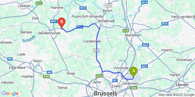 Map: Brussels Zaventem Airport (BRU) to Baasrode