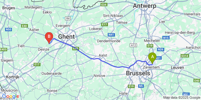 Map: Brussels Zaventem Airport (BRU) to Bachte-Maria-Leerne
