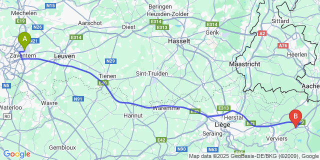 Map: Brussels Zaventem Airport (BRU) to Baelen