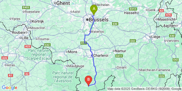 Map: Brussels Zaventem Airport (BRU) to Baileux
